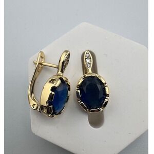 Gold Plated Blue Oval Stone Lever Back Drop Earrings with Clear Accents